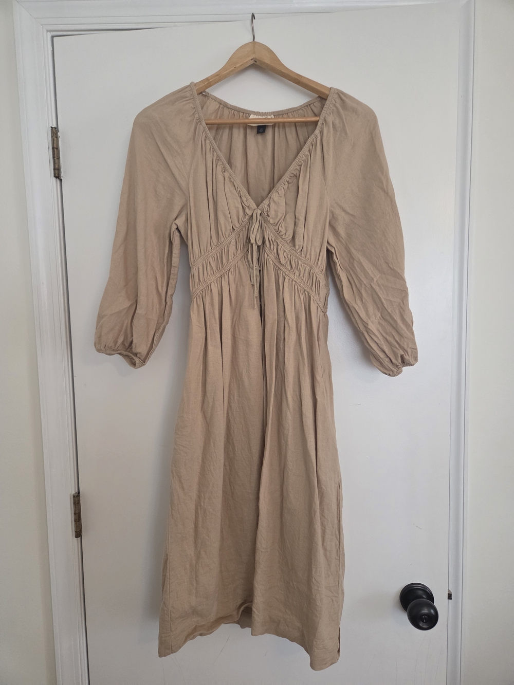 Universal Thread Beige Linen Blend Midi Dress with Tie Front